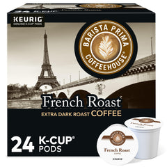 Barista Prima front packaging showcasing bold French Roast and 96-count convenience