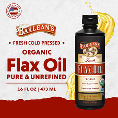 Barlean's flax seeds to bottle depiction highlighting organic sourcing and cold press benefits