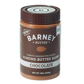 Barney Butter front jar showing chocolate almond spread and branding, clear product benefit
