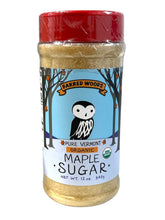Barred Woods Maple front packaging 12 oz jar showing label and flip-top lid, highlights organic purity