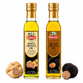 Basso front packaging showing two truffle oil bottles for elegant finishing.