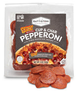 Battistoni front packaging of Cup & Char spicy pepperoni pouch showing brand and convenience
