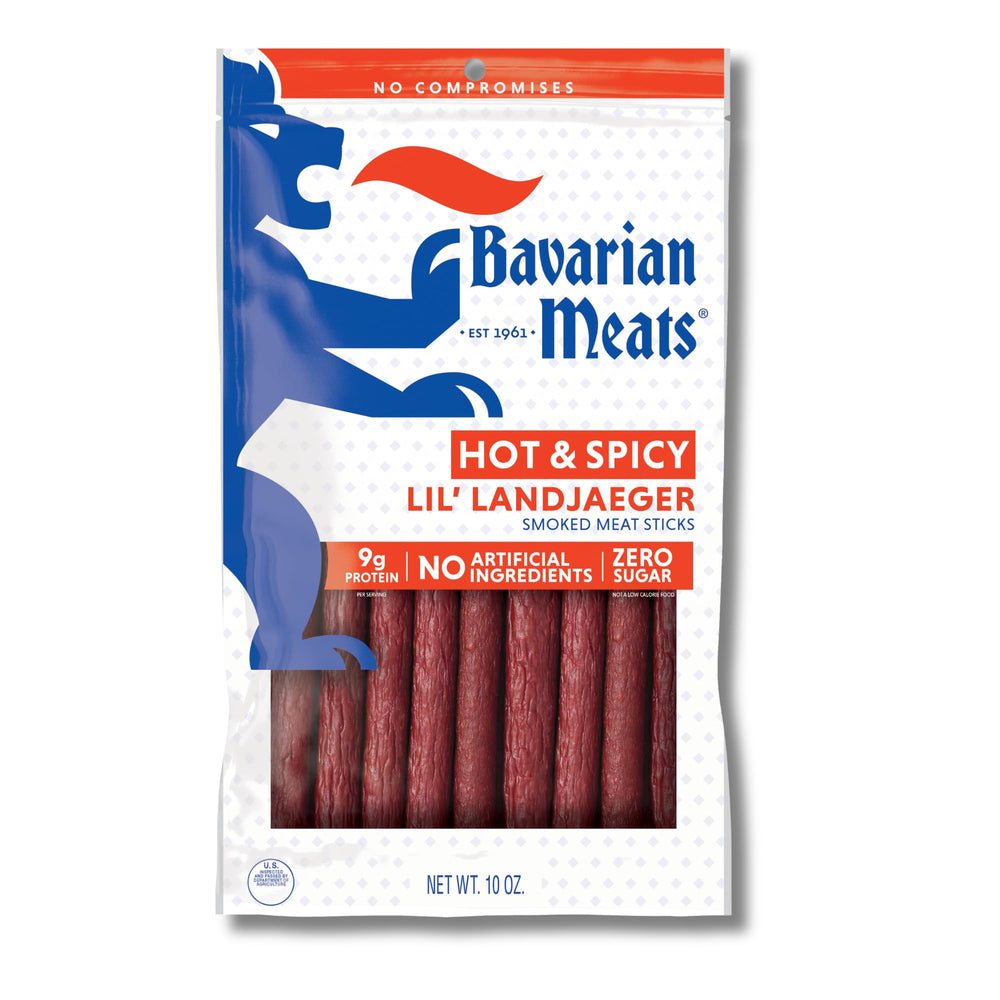 Bavarian Meats front pack showing bold spicy snack and portable benefits