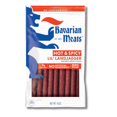 Bavarian Meats front pack showing bold spicy snack and portable benefits