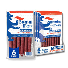 Bavarian Meats pack front showing six 3oz Lil' Landjaeger sticks and branding, convenient snack