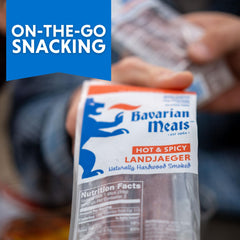 Bavarian Meats sticks tucked in backpack demonstrating portable energy for hikes