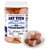 Bay View front packaging showing 8oz smoked pickled sausage and branding benefits