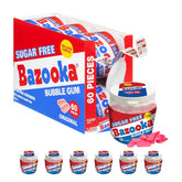 Bazooka front packaging to-go cup showing bright pink sugar-free pieces and sharing appeal