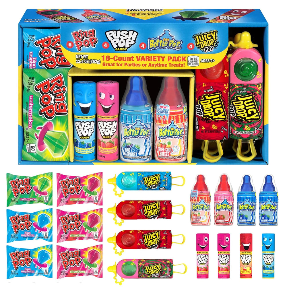 Bazooka Candy Brands front packaging showing mixed lollipops for easy party planning