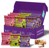 B'CUZ front packaging 12-pack showing variety and portability benefits