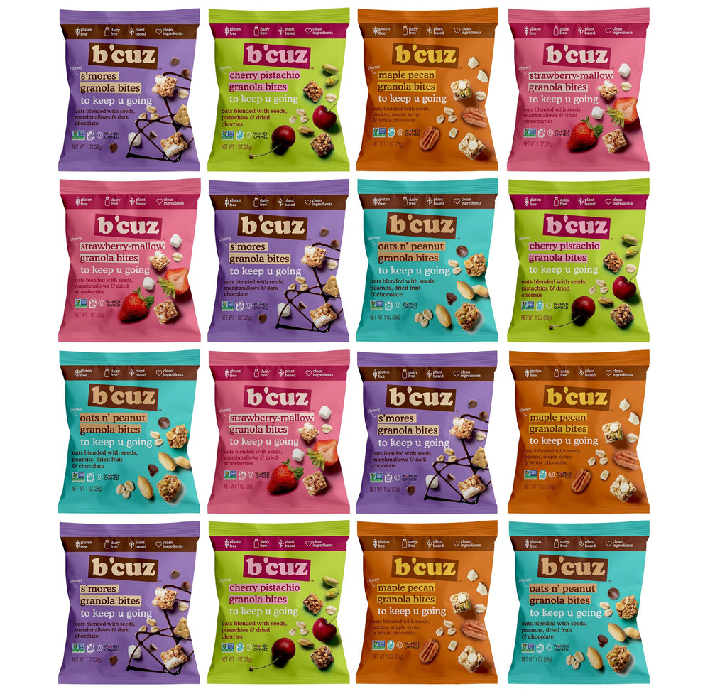 B'cuz front packaging showing variety pack and travel-ready benefit