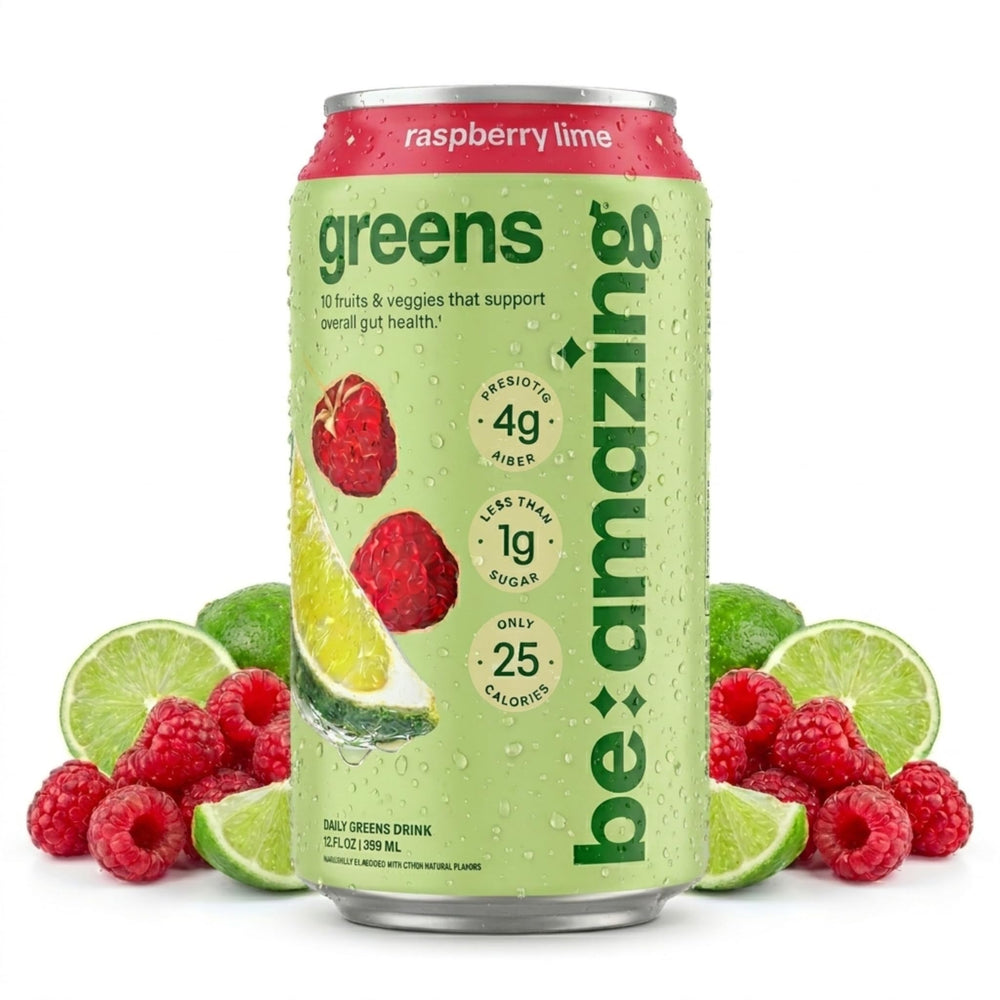 BE AMAZING front can Raspberry Lime showing branding and low-calorie benefit