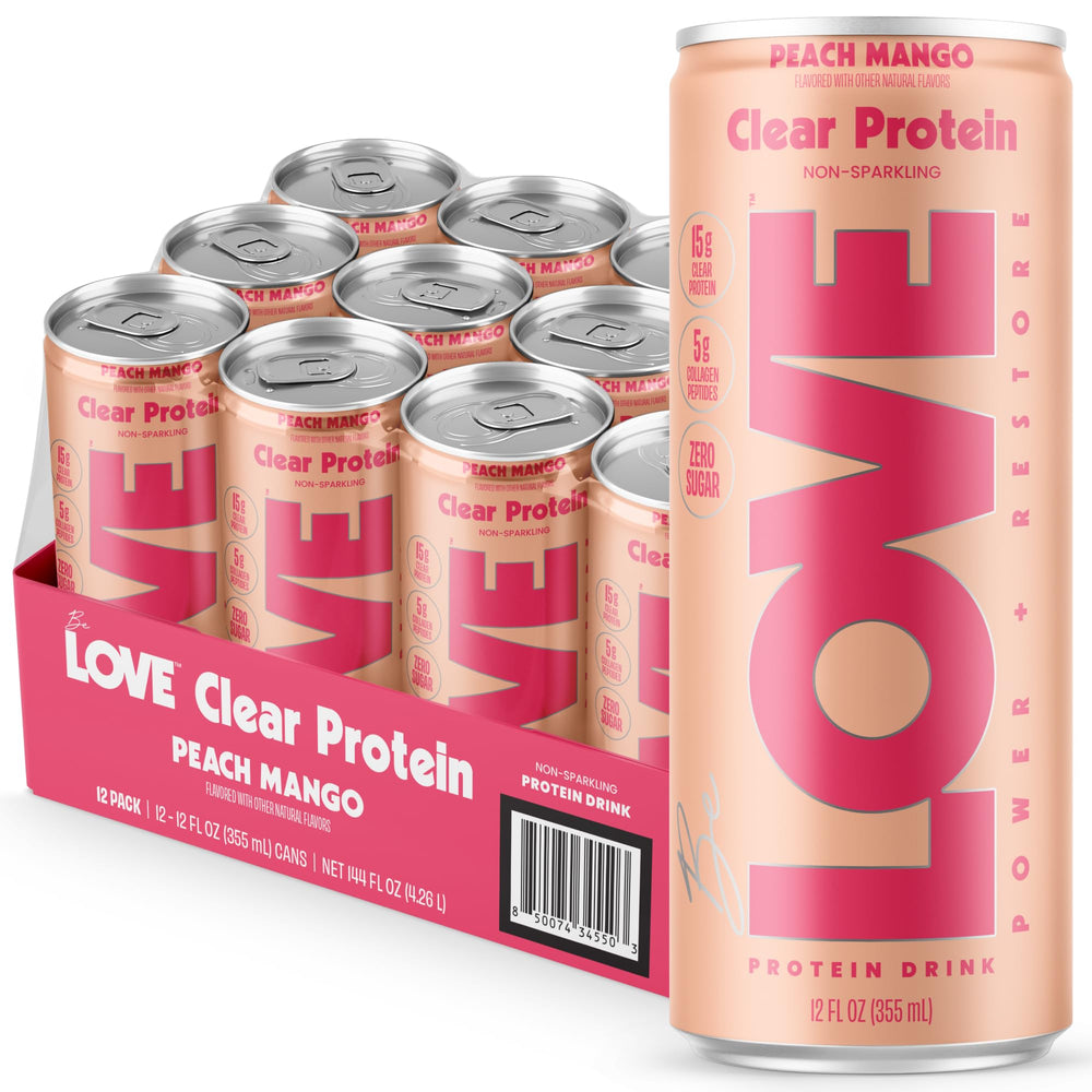 Be Love front packaging peach mango shows can and benefit of refreshing protein
