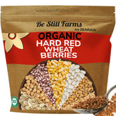 Be Still Farms front packaging showing 4.8 lb wheat berries and clear labeling benefits