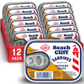 Beach Cliff front packaging of 12-pack showing tins and mustard sauce benefit convenience