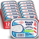 Beach Cliff front packaging of 3.75 oz no-salt sardines showing brand and label, convenient protein source