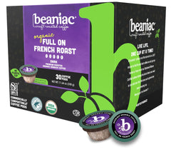 beaniac front box showing 30-count pack and bold dark roast benefits