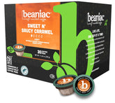 beaniac front packaging showing Sweet n' Saucy Caramel and 30-count, sustainable pods benefit convenience
