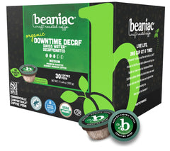 beaniac front packaging showing 30 count pods and organic claims