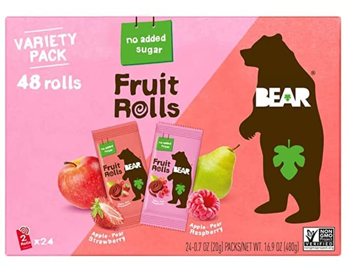 BEAR front packaging of fruit rolls showing strawberry raspberry flavours and easy portability benefit