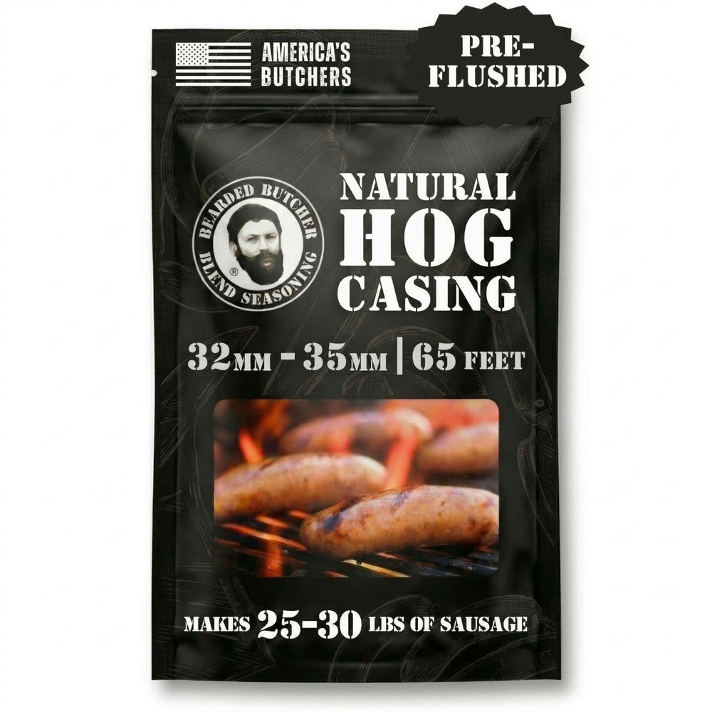 Bearded Butcher Blend front packaging showing vacuum-sealed casings and brand