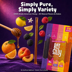 Bee Silly colorful flavored sticks fanned out showing variety benefits