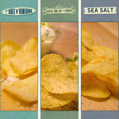 Beefy's Own three flavored bags arranged to show Sea Salt, Salt & Vinegar, Sour Cream & Onion benefits