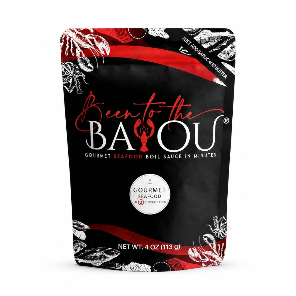 Been to the Bayou front label showing brand and Cajun seafood boil identity