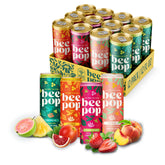 BeePop variety pack front view showing cans and flavor labels, highlights natural ingredients
