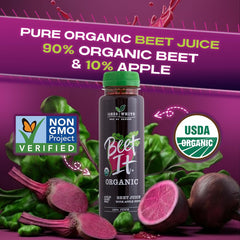 BEET IT glass bottle close-up highlighting color and glass finish for freshness