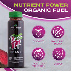 BEET IT pouring into a glass to show vibrant juice and easy serving