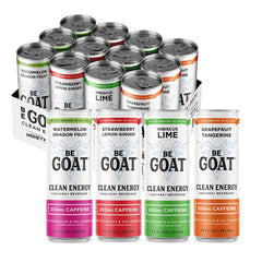 BeGOAT variety pack front view showing four flavor cans and branding for easy choice