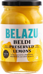 Belazu preserved lemons jar front view showing label and brine, adds authentic citrus flavour