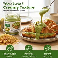 Belgico jar open showing smooth pistachio cream texture for easy spreading and mixing