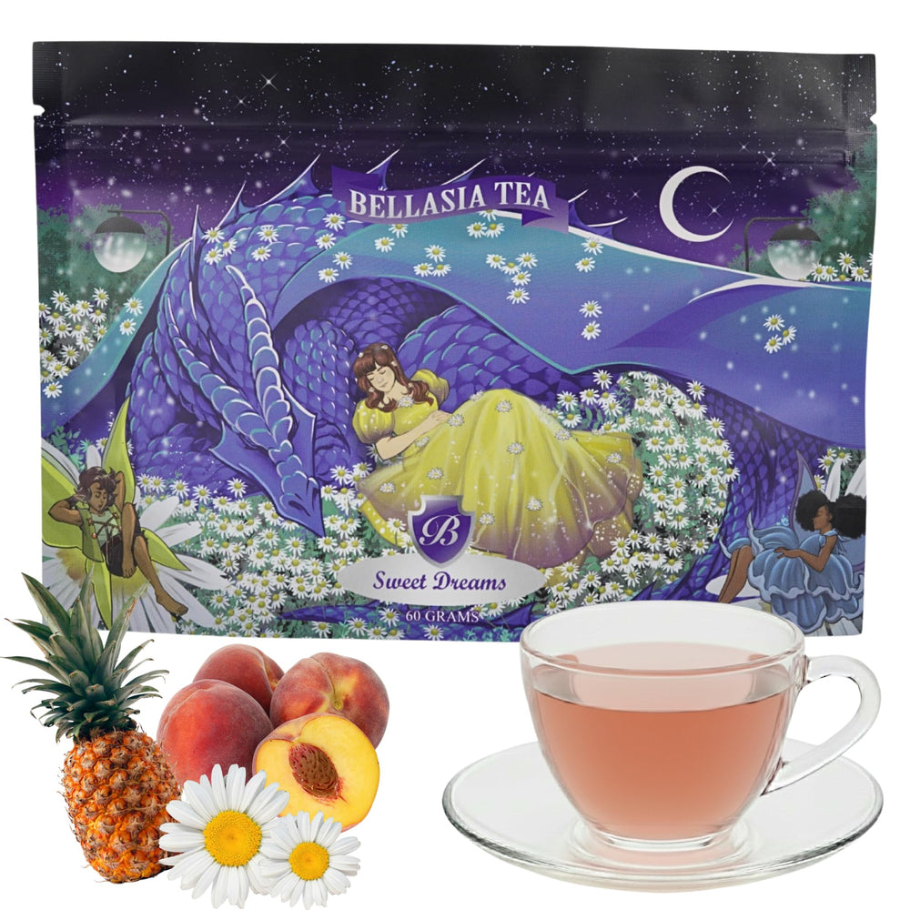 Bellasia Tea front packaging showing cozy sleep blend and kid-friendly design benefits calm routine