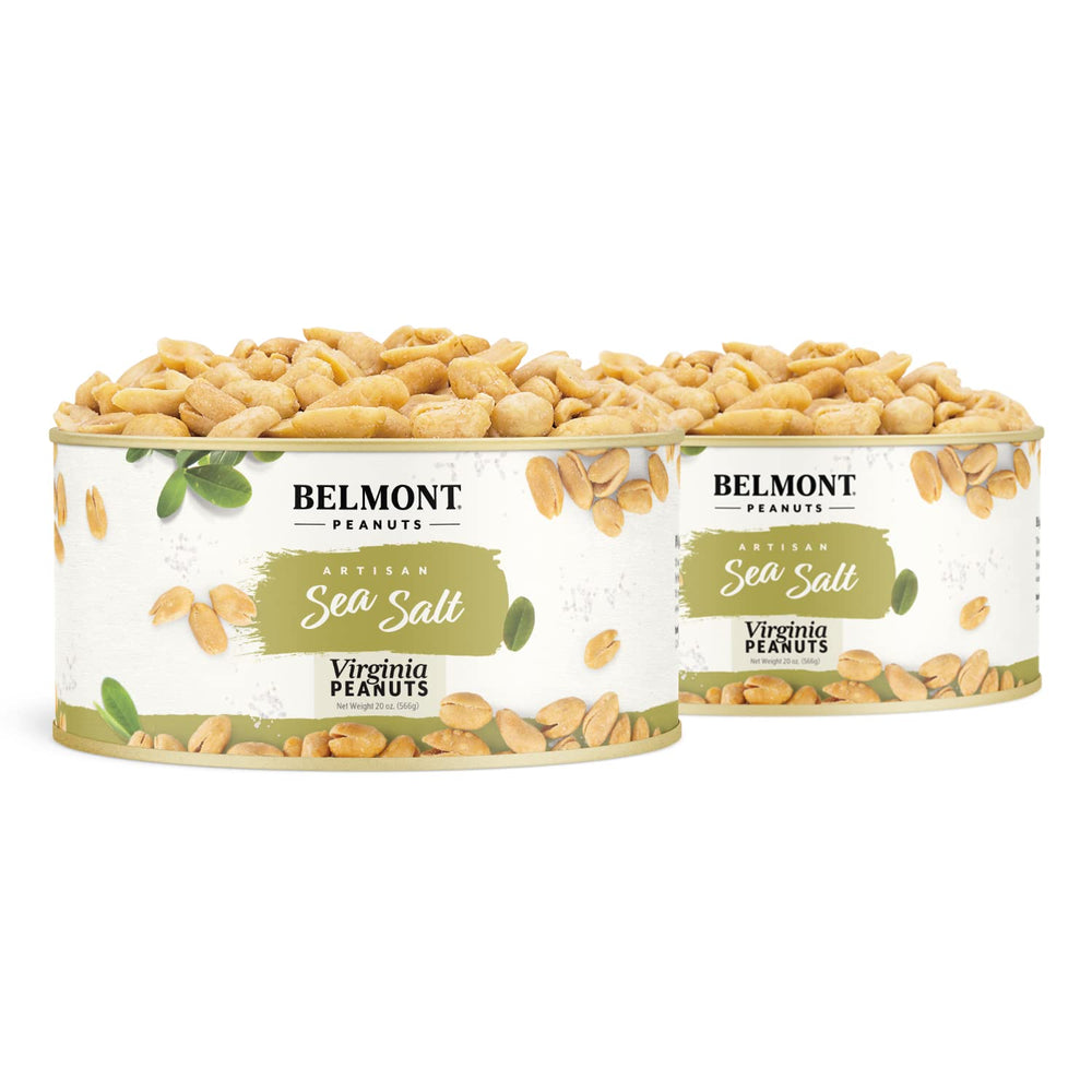 Belmont Peanuts front packaging showing 20 oz two-pack and clear label benefit