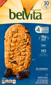 belVita front packaging showing blueberry biscuit multipack and convenience