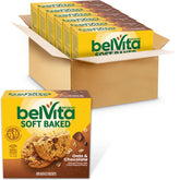 Belvita front packaging showing oats and chocolate, highlights convenience