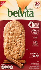 Belvita front packaging showing bulk 30-count boxes and cinnamon flavor benefit