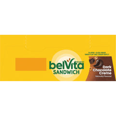 belVita sandwich closeup revealing dark chocolate creme center and crunchy biscuit for satisfying texture benefit