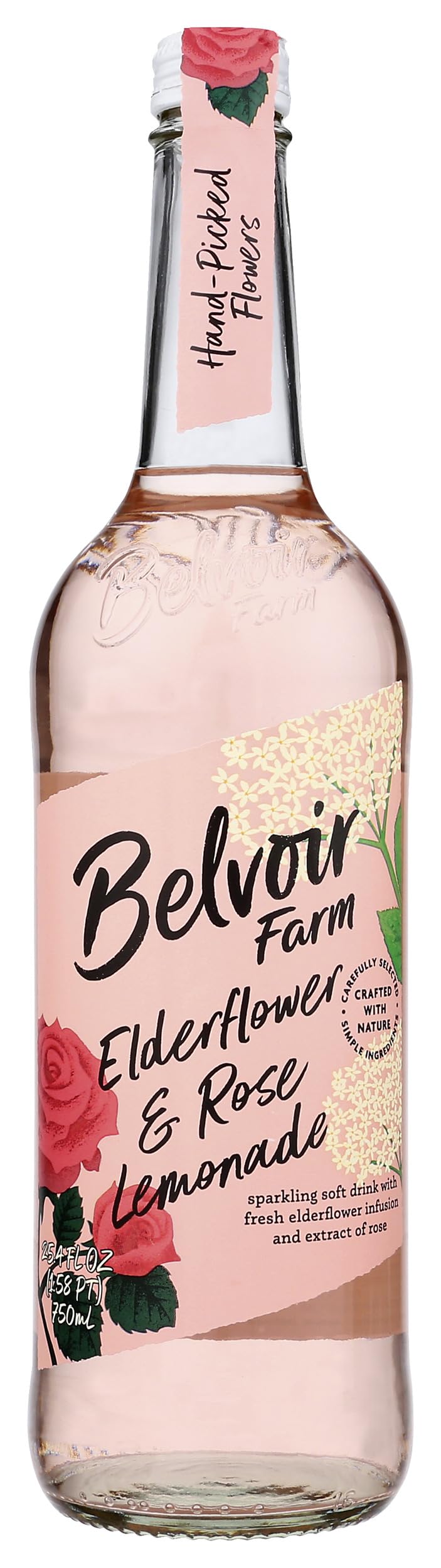 BELVOIR FRUIT FARMS front bottle view showing elegant label and pink drink freshness