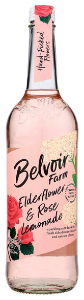 BELVOIR FRUIT FARMS front bottle view showing elegant label and pink drink freshness