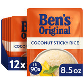 Ben's Original front packaging showing coconut sticky rice multipack and convenience