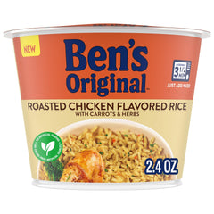 Ben's Original front packaging showing single-serve roasted chicken rice cups and convenience