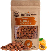 Berrilys front packaging showing organic bitter apricot kernels and clear labeling benefit: purity