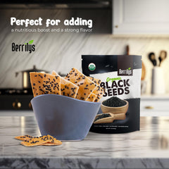 Berrilys seeds sprinkled on freshly baked bread, adding crunch and visual appeal