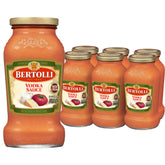 Bertolli front packaging showing six jars and convenience for pantry stocking