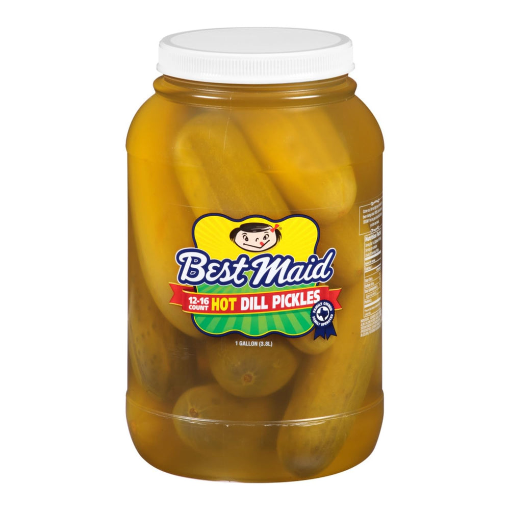 Best Maid front pack gallon jar showing spicy whole dill pickles for large servings