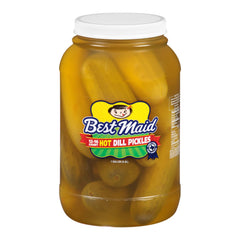 Best Maid front pack gallon jar showing spicy whole dill pickles for large servings