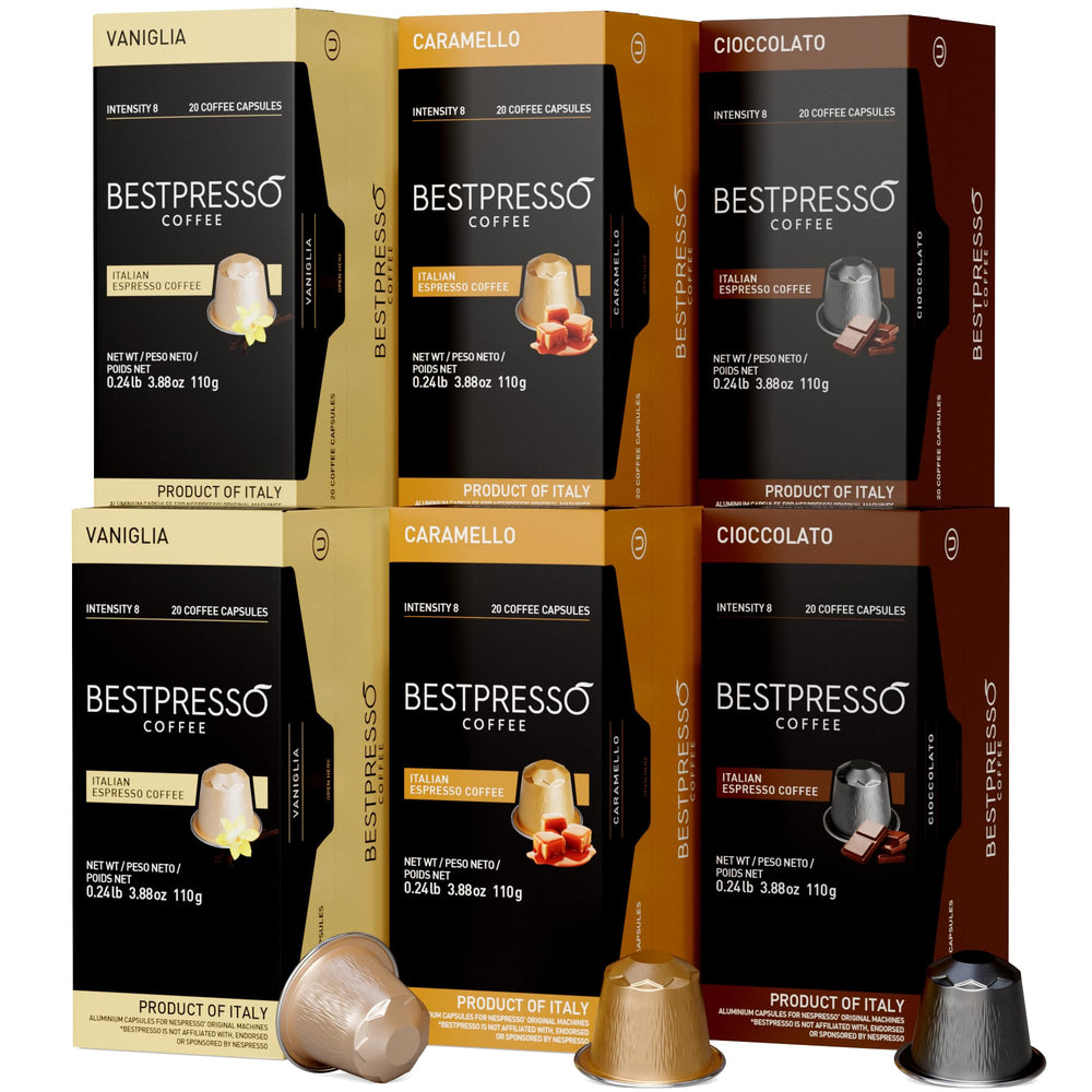 Bestpresso front packaging showing variety pack and branding, quick selection benefit